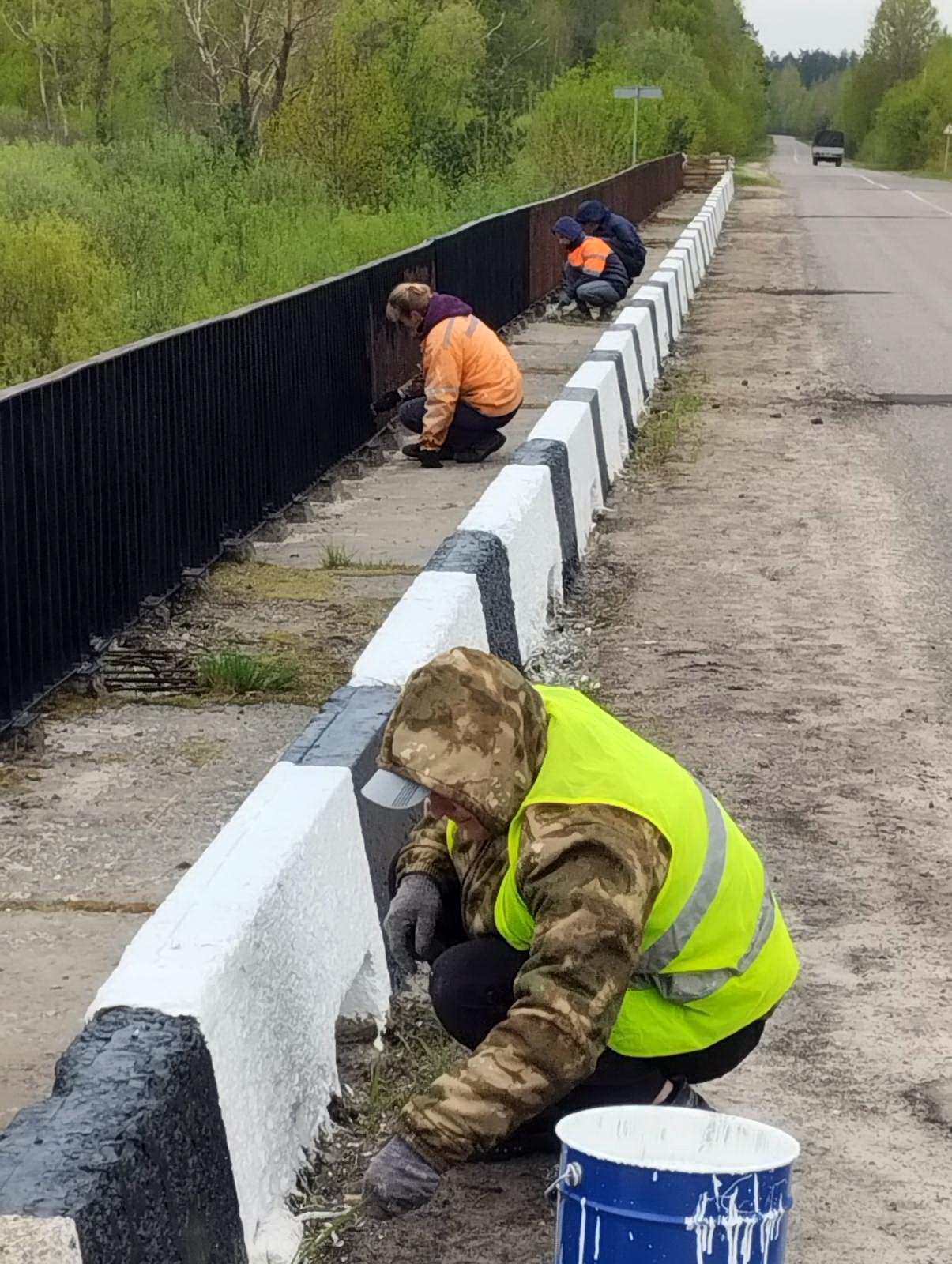 Фотофакт: дорожные рабочие Наровли окрашивают конструкции моста через реку Словечно